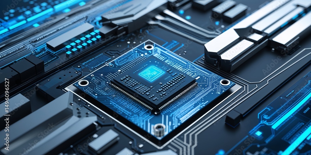 Poster close-up view of a computer motherboard featuring a central processing unit with intricate blue circ