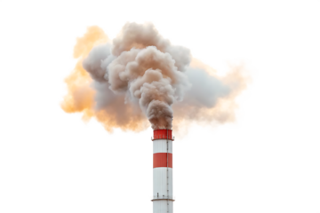 An industrial smoke stack releasing thick smoke into the atmosphere, symbolizing pollution and environmental impact. isolated  on a white background PNG