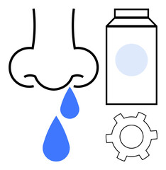 Nose dripping blue drops, carton, and gear symbolizing allergies, sensitivities, dairy intolerance, and solutions. Ideal for health, wellness, medical advice allergy awareness food sensitivity