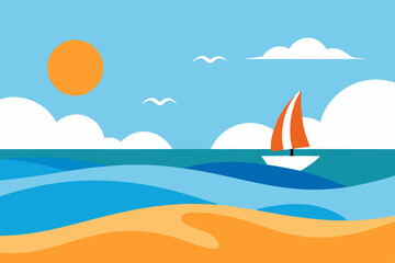 Relaxing Summer Breeze Flowing on the Tranquil Seashore Vector Illustration Background