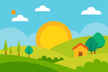 Fototapeta premium Picturesque Sunny Countryside Landscape Wallpaper Vector Illustration Background