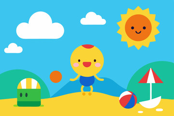 Naklejka premium Fun Playful Summer Themed Background Design for Kids Vector Illustration Background