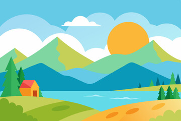 Obraz premium Beautiful AI Generated Summer Landscape in Soft Watercolor Style Vector Illustration Background