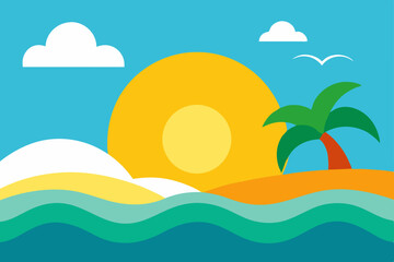 Obraz premium Idyllic Seaside Paradise Scene with Gentle Waves and Bright Sunshine Vector Illustration Background