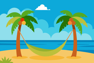 Obraz premium Serene Peaceful Tropical Beach with Hammock Hanging Between Palm Trees Vector Illustration Background
