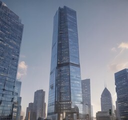 Fototapeta premium Sleek glass skyscraper rising, city skyline backdrop, structure, construction