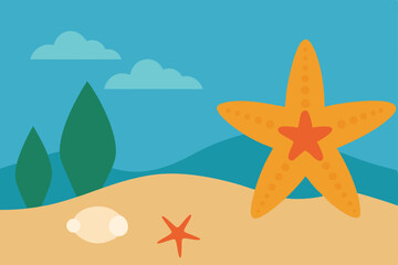 Charming Beach Scene with Colorful Starfish and Seashells Vector Illustration Background