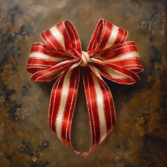 Festive red and cream striped ribbon bow on a rustic surface.