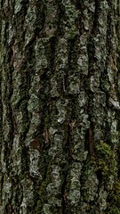 Obraz premium Detailed close up of tree bark showing intricate patterns and layers of moss for a natural organic background