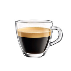 Closeup of a freshly brewed espresso in a clear glass cup on a transparent background Concept of morning coffee, caffeine boost, and coffee break
