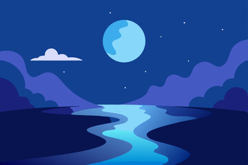 Serene Ethereal Moonlight Shining Over Flowing River Dreamscape Vector Illustration Background