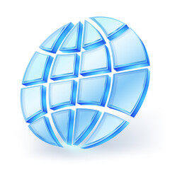 3D globe icon made of glass segments. Modern and abstract global network concept. Ideal for technology or digital design themes isolated on white background. Vector illustration.