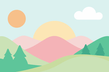 Gentle Pastel Colored Summer Landscape Scene with Rolling Hills Vector Illustration Background
