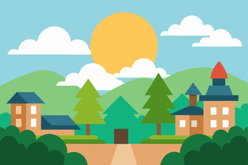 Fototapeta premium Charming Scenic Anime Town with Lush Trees and Bright Sunlight Vector Illustration Background
