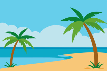 Fototapeta premium Idyllic Summer Beach with Swaying Palm Trees and Clear Blue Sky Vector Illustration Background
