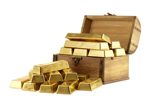gold bars falling from treasure chest, isolated on white background PNG