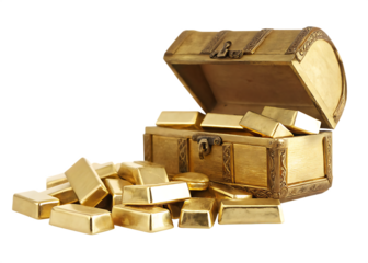 gold bars falling from treasure chest, isolated on white background PNG