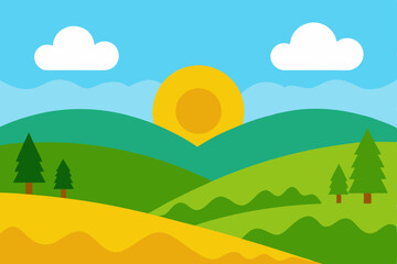 Obraz premium Picturesque Sunny Countryside Landscape Wallpaper Vector Illustration Background