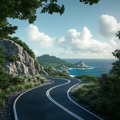 Winding coastal road through lush tropical landscape.