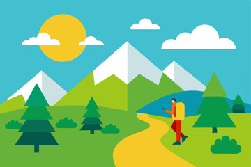 Naklejka premium Enjoying Summer Day Trekking Through Beautiful Scenic Landscape Vector Illustration Background