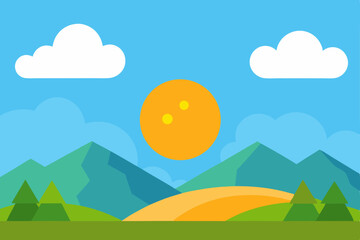 Fototapeta premium Charming Illustrated Nature Scene with Bright Sun and Fluffy Clouds Ultra HD Vector Illustration Background