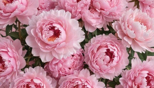 Tightly arranged pink peonies, pale pink background ,  pink peony petals, peonies,  floral design