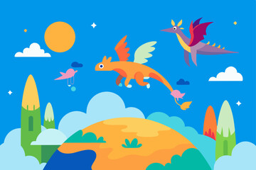 Fototapeta premium Whimsical Fantasy Summer World with Colorful Flying Creatures Vector Illustration Background