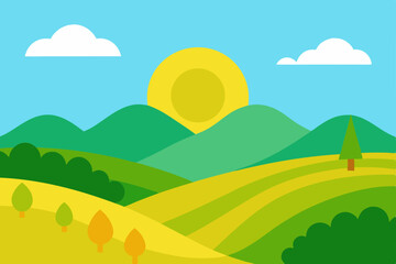 Fototapeta premium Picturesque Hills and Green Meadows Bathed in Warm Summer Sunshine Vector Illustration Background