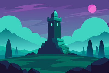 Mysterious Ancient Stone Tower Standing in Dreamlike Landscape Ultra HD Vector Illustration Background