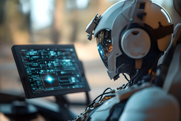 AI operator analyzes data in a military training scenario under natural lighting conditions