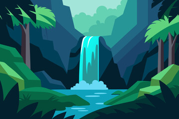 Enchanting Hidden Waterfall Cascading in Lush Fantasy Jungle 4K Vector Illustration Background