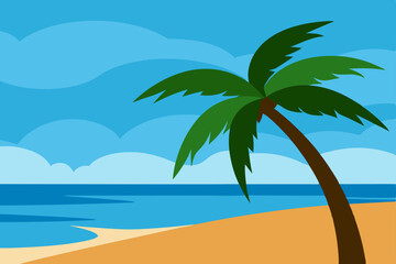 Fototapeta premium Tropical Paradise Beach with Swaying Palm Trees Offering Shade Vector Illustration Background