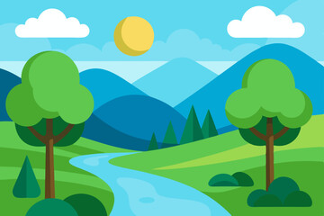 Fototapeta premium Tranquil Peaceful Nature Landscape Wallpaper with Lush Trees and Flowing River Vector Illustration Background