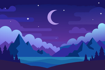 Fototapeta premium Mystical Fantasy Night Sky Over Enchanted Landscape 4K Vector Illustration Background