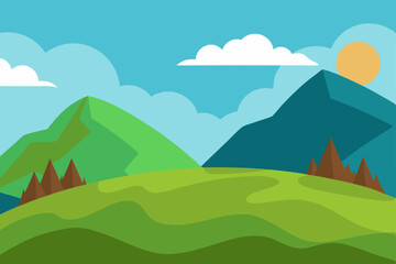 Vibrant Anime Style Landscape with Rolling Hills and Bright Sky Vector Illustration Background