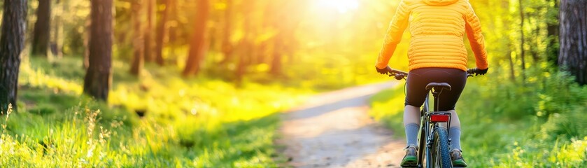 Naklejka premium Bicyclist Riding Through Sunlit Forest Path Surrounded by Green Trees and Vibrant Nature in Tranquil Setting