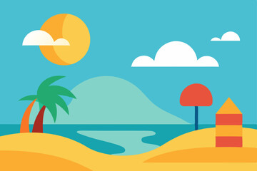 Obraz premium Dreamlike Surreal Beach World with Warm Summer Atmosphere Vector Illustration Background