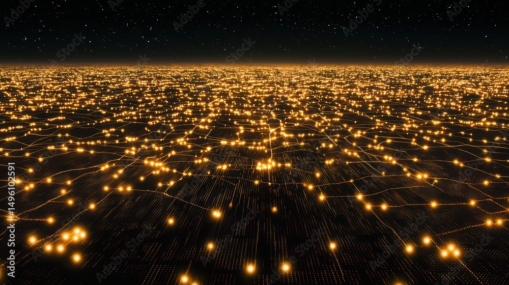 Poster vast network of glowing nodes in a dark infinite space representing data connectivity and digital in