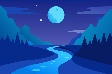 Fototapeta premium Mystical Fantasy River Flowing Underneath a Bright Moonlight 4K Vector Illustration Background