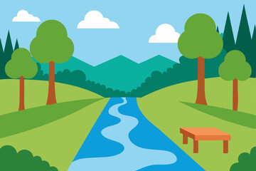 Obraz premium Peaceful Forest Stream with Checkered Picnic Blanket in Summer Vector Illustration Background