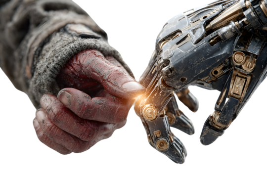 Human and robotic hands touching futuristic concept technology grunge artificial intelligen