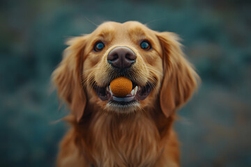 In a studio photo, a friendly golden retriever dog is captured pulling a funny face, radiating charm and playfulness. This portrait perfectly captures the lovable and humorous nature of the dog.