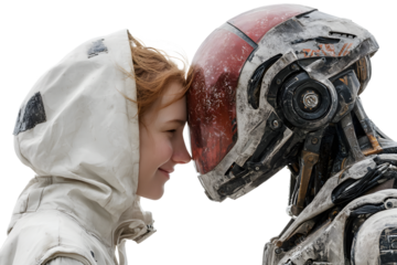 Woman and Robot Forehead Touching Futuristic Connection