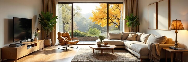 Obraz premium Cozy and bright living room interior with large windows, comfortable furniture, and stylish decor Perfect for relaxation and entertainment , pillows, lighting