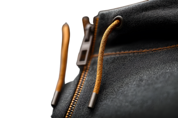 Closeup of zipper detail on textured fabric with orange cords