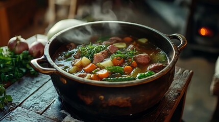 Delicious Rustic Beef Stew Hot Pot Cooking Food Recipe Winter Warm Hearty Meal Home Cooked Dinner Autumn Season Traditional Cuisine Broth Vegetables Potatoes Carrots     