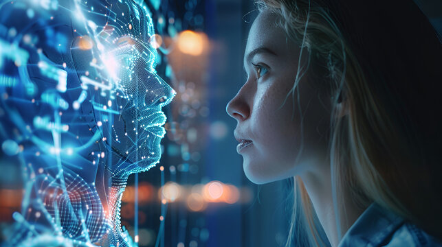 A woman facing a glowing digital human head with a network of connected dots and lines in blue light