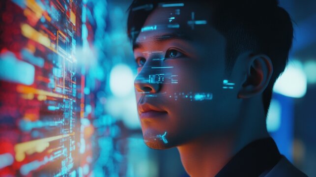 Holographic, programmer and Asian man with focus, night and futuristic with cyber security, analytics or software update. Male person, professional or employee with data analysis, future and hologram