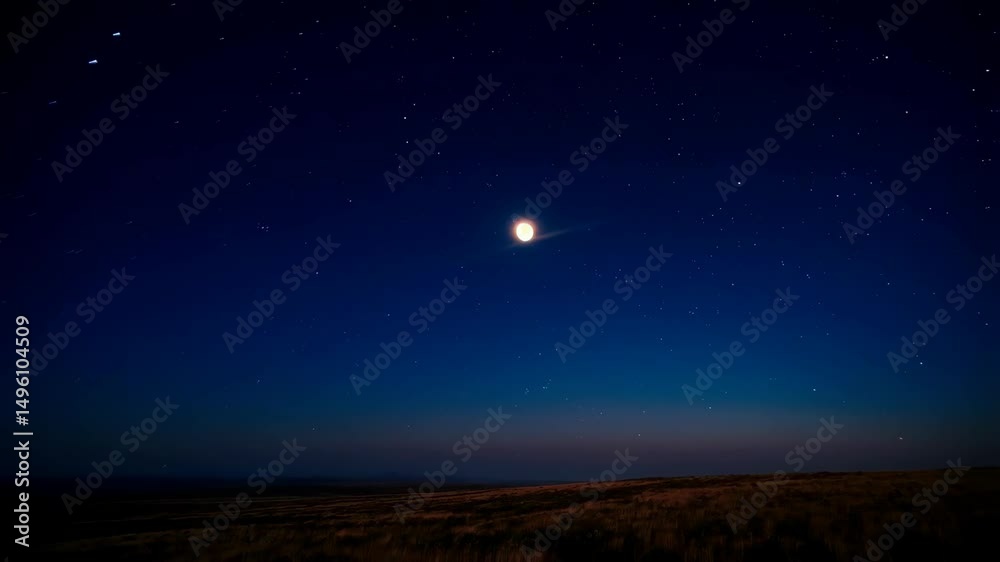 Canvas Prints full moon rising over golden field at night under a starry deep blue sky with wispy clouds creating 