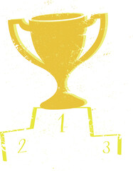 Vector illustration of a gold trophy on a podium, isolated on white background. Ideal for sports, competition, awards, recognition, success, and symbolic concepts like victory and achievement.